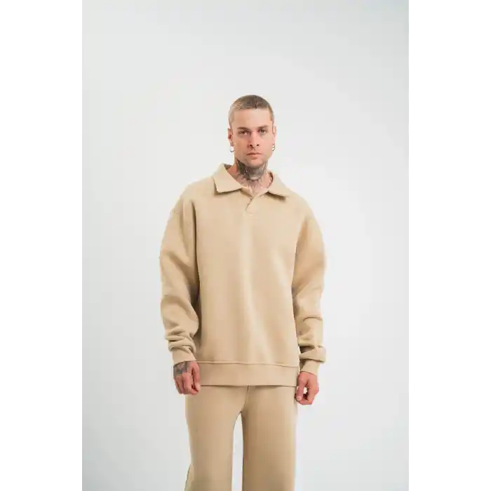 Unisex Double Oversize Patlı Yaka SweatShirt - Bej