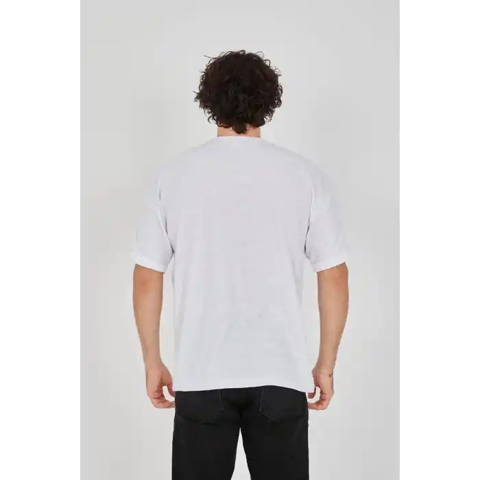 Unisex Jakar Kumaş Rahat Kol T-Shirt - Beyaz