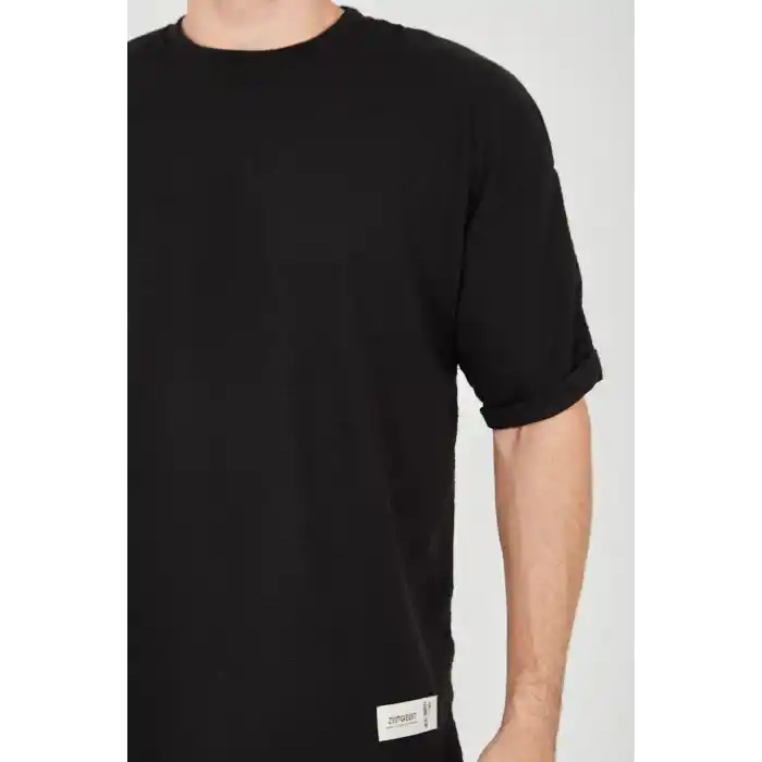 Unisex Jakar Kumaş Rahat Kol T-Shirt - Siyah