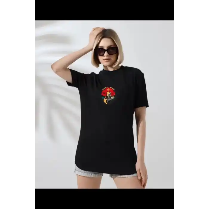 Unisex Kadın Bisiklet Yaka Baskılı T-Shirt - Siyah