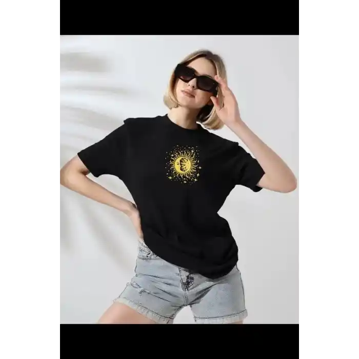 Unisex Kadın Bisiklet Yaka Baskılı T-Shirt - Siyah