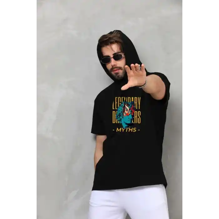 Unisex Kapşonlu Kolsuz Oversize Baskılı Tişört - Siyah