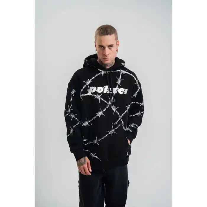 Unisex Kapşonlu Varak ve Pano Baskılı SweatShirt- Siyah