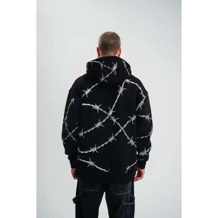 Unisex Kapşonlu Varak ve Pano Baskılı SweatShirt- Siyah