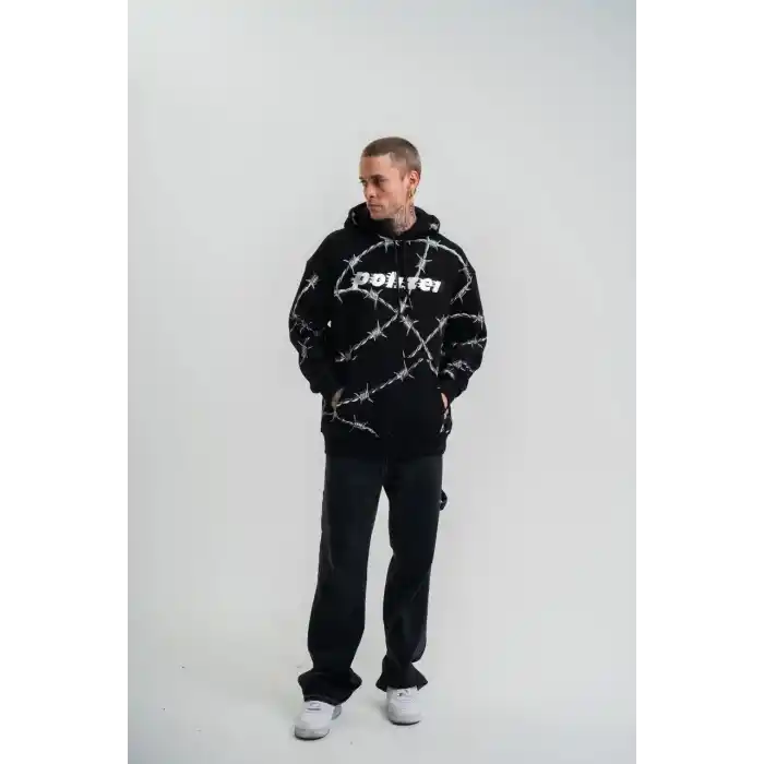 Unisex Kapşonlu Varak ve Pano Baskılı SweatShirt- Siyah