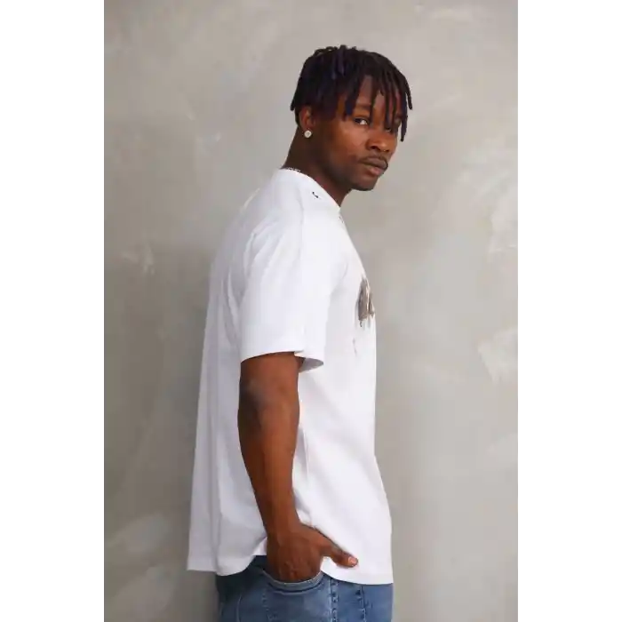 Unisex Kuşgözü Detaylı Baskılı Oversize T-Shirt - Beyaz