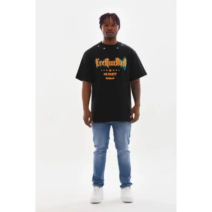 Unisex Kuşgözü Detaylı Baskılı Oversize T-Shirt - Siyah