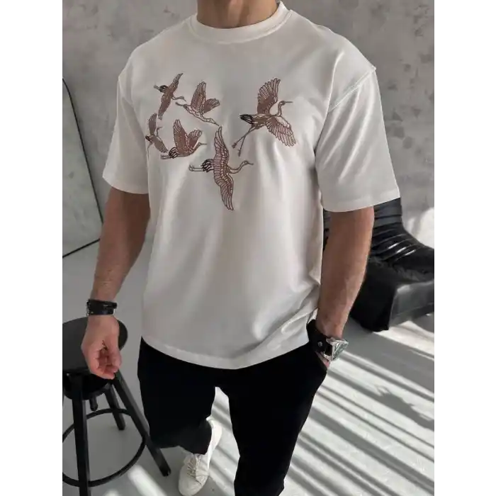 Unisex Nakış İşlemeli T-Shirt - Beyaz