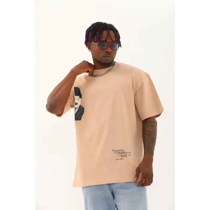 Unisex Oversize Baskılı Bisiklet Yaka T-Shirt - Bej