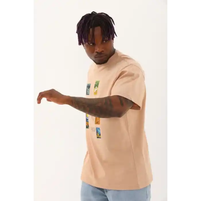 Unisex Oversize Baskılı Bisiklet Yaka T-Shirt - Bej