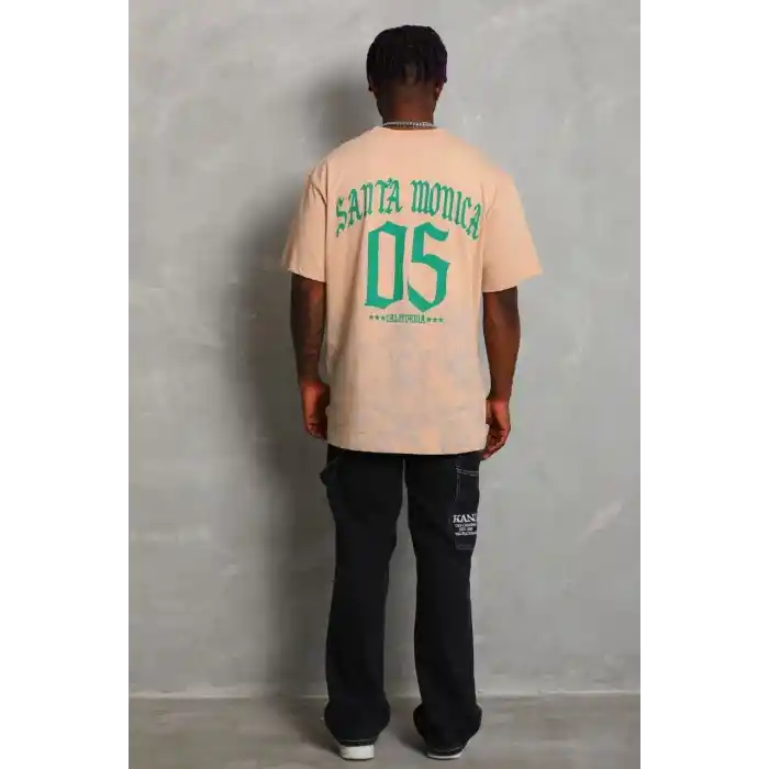 Unisex Oversize Baskılı Bisiklet Yaka T-Shirt - Bej