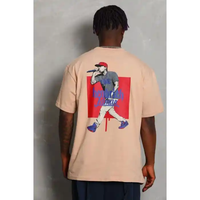 Unisex Oversize Baskılı Bisiklet Yaka T-Shirt - Bej