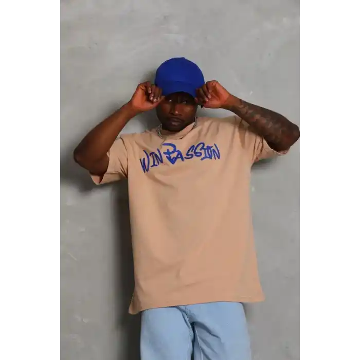 Unisex Oversize Baskılı Bisiklet Yaka T-Shirt - Bej