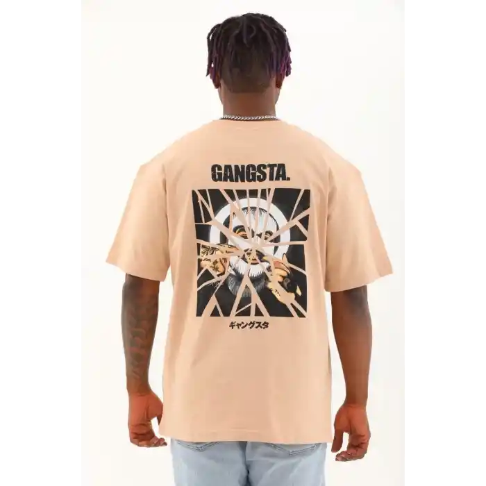 Unisex Oversize Baskılı Bisiklet Yaka T-Shirt - Bej