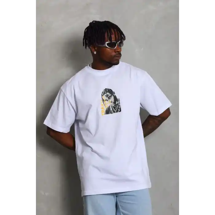 Unisex Oversize Baskılı Bisiklet Yaka T-Shirt - Beyaz