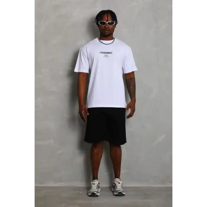 Unisex Oversize Baskılı Bisiklet Yaka T-Shirt - Beyaz