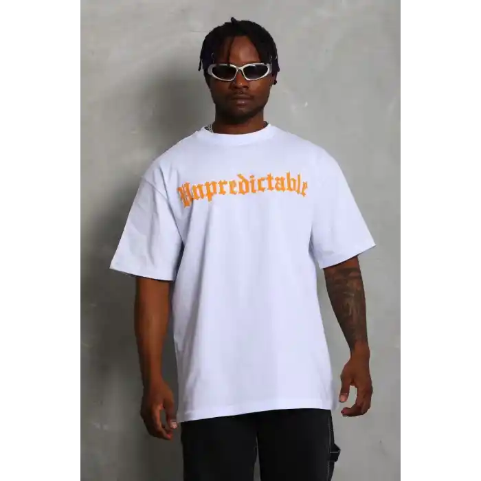 Unisex Oversize Baskılı Bisiklet Yaka T-Shirt - Beyaz