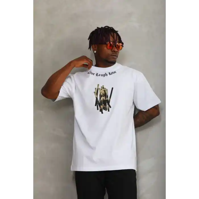 Unisex Oversize Baskılı Bisiklet Yaka T-Shirt - Beyaz