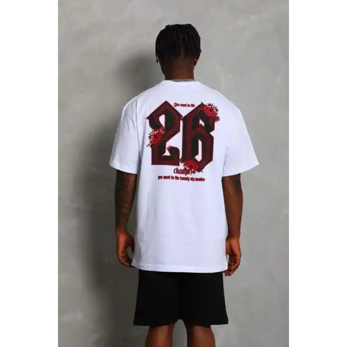 Unisex Oversize Baskılı Bisiklet Yaka T-Shirt - Beyaz