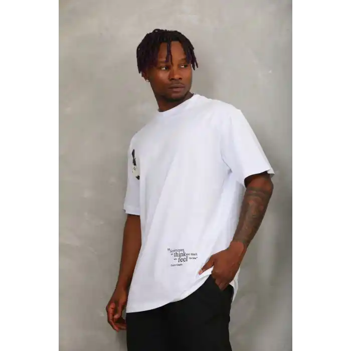 Unisex Oversize Baskılı Bisiklet Yaka T-Shirt - Beyaz