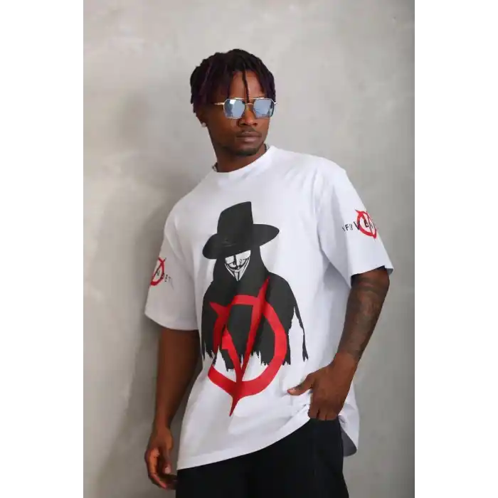 Unisex Oversize Baskılı Bisiklet Yaka T-Shirt - Beyaz