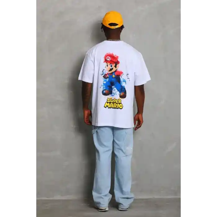 Unisex Oversize Baskılı Bisiklet Yaka T-Shirt - Beyaz