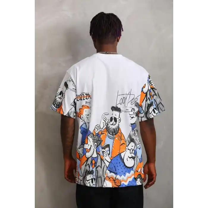 Unisex Oversize Baskılı Bisiklet Yaka T-Shirt - Beyaz