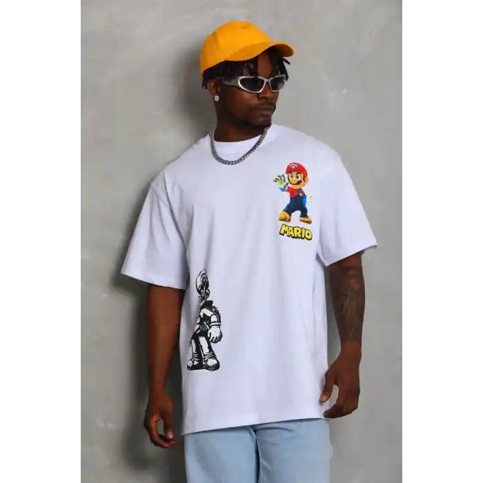 Unisex Oversize Baskılı Bisiklet Yaka T-Shirt - Beyaz