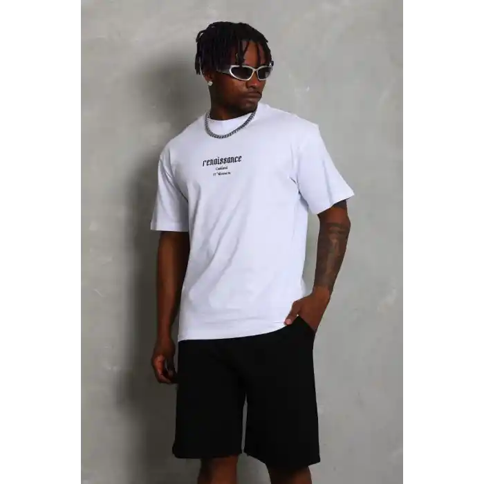 Unisex Oversize Baskılı Bisiklet Yaka T-Shirt - Beyaz