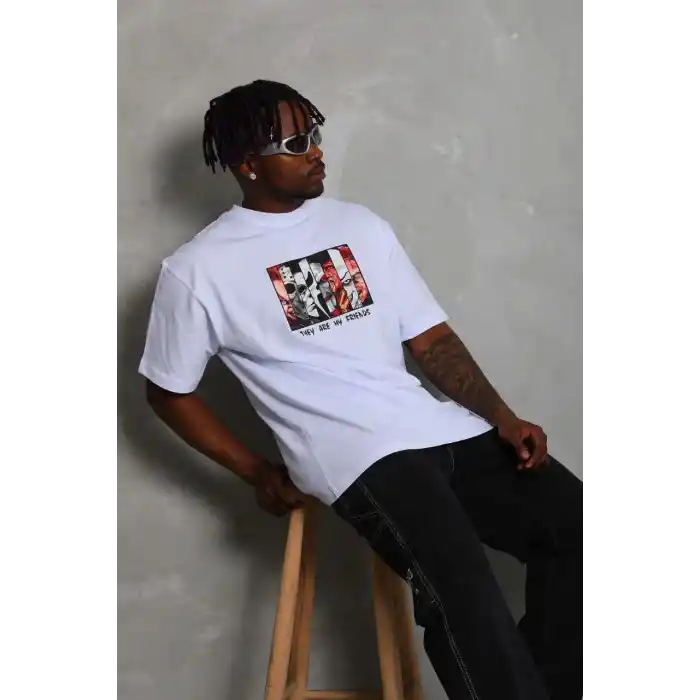 Unisex Oversize Baskılı Bisiklet Yaka T-Shirt - Beyaz