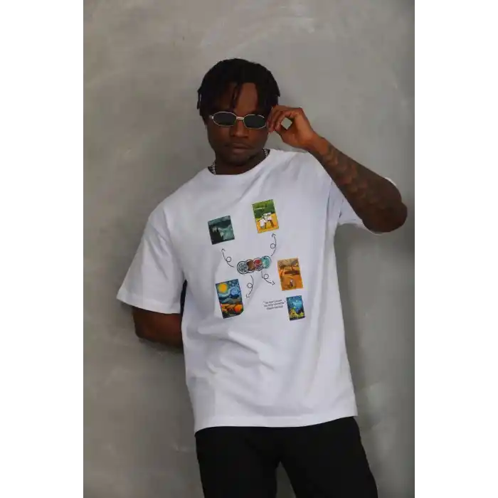 Unisex Oversize Baskılı Bisiklet Yaka T-Shirt - Beyaz