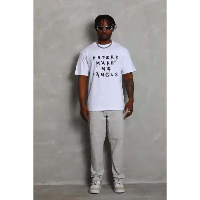 Unisex Oversize Baskılı Bisiklet Yaka T-Shirt - Beyaz