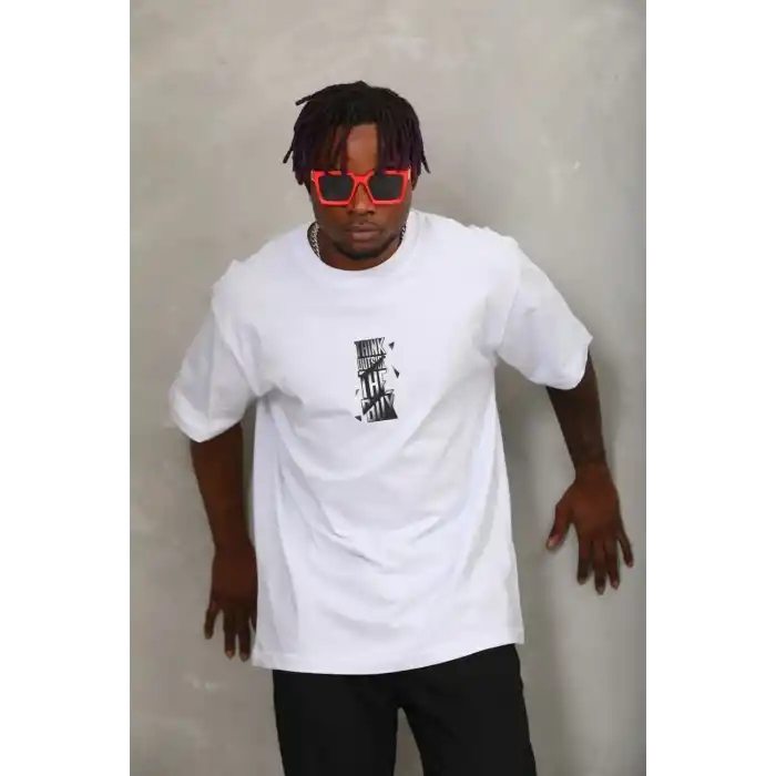 Unisex Oversize Baskılı Bisiklet Yaka T-Shirt - Beyaz