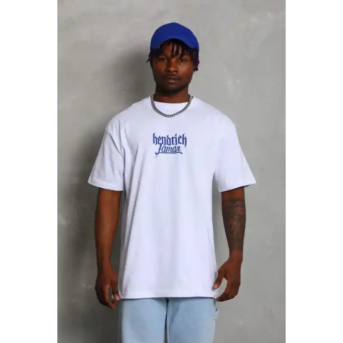 Unisex Oversize Baskılı Bisiklet Yaka T-Shirt - Beyaz