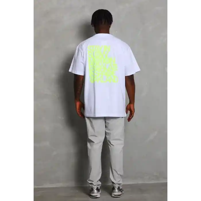 Unisex Oversize Baskılı Bisiklet Yaka T-Shirt - Beyaz