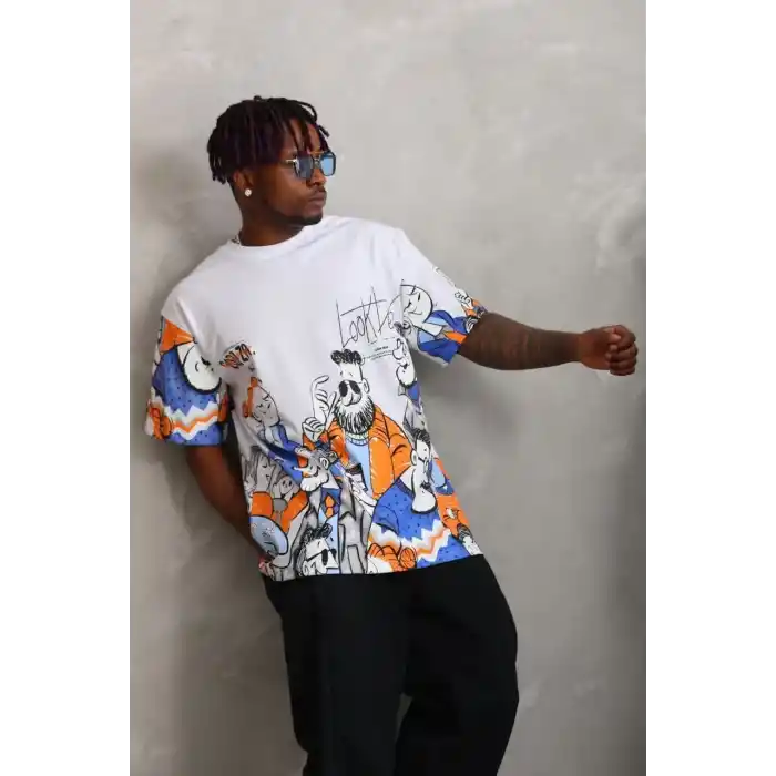 Unisex Oversize Baskılı Bisiklet Yaka T-Shirt - Beyaz