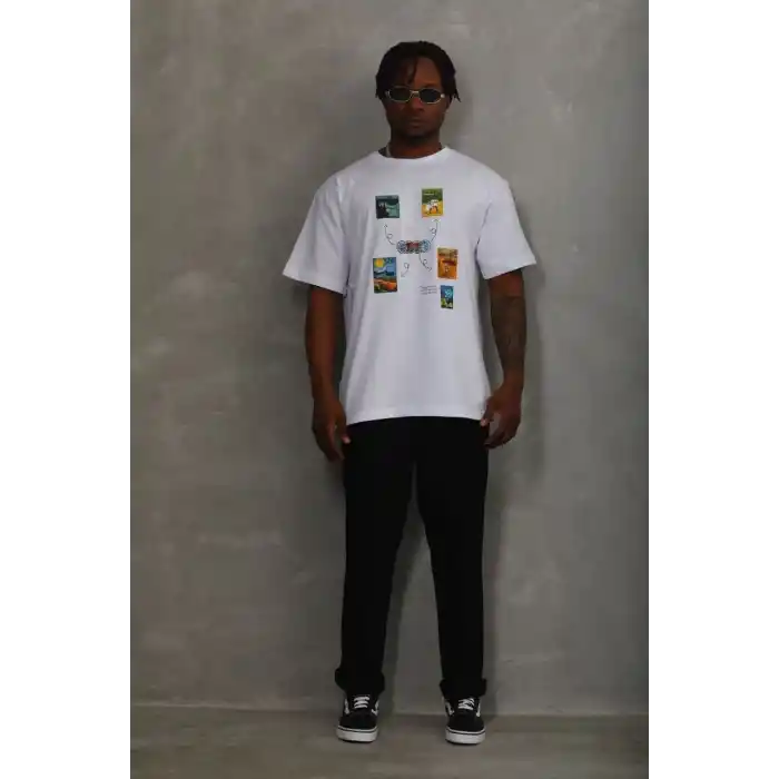 Unisex Oversize Baskılı Bisiklet Yaka T-Shirt - Beyaz