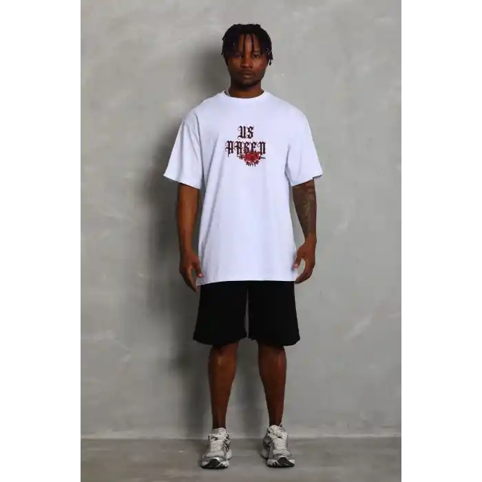 Unisex Oversize Baskılı Bisiklet Yaka T-Shirt - Beyaz