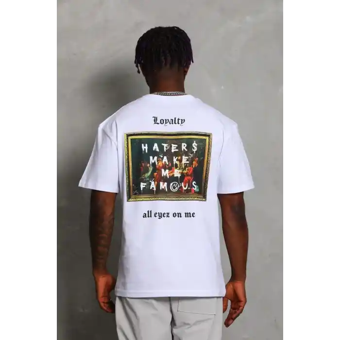 Unisex Oversize Baskılı Bisiklet Yaka T-Shirt - Beyaz