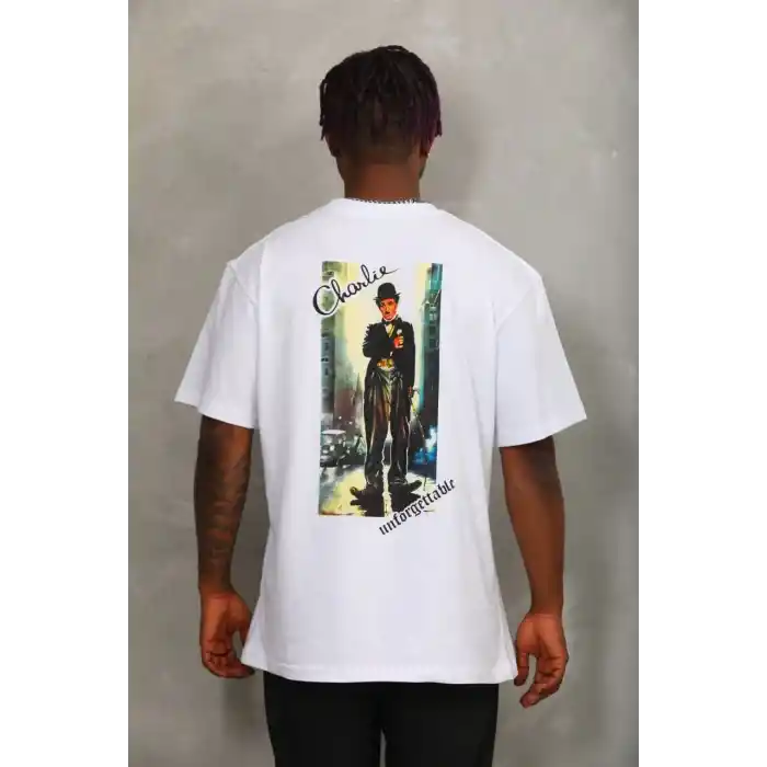 Unisex Oversize Baskılı Bisiklet Yaka T-Shirt - Beyaz