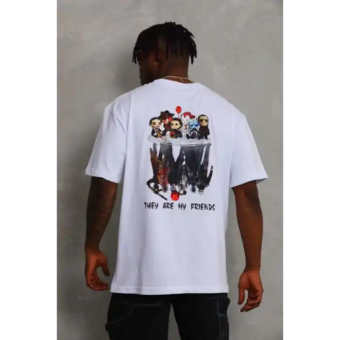 Unisex Oversize Baskılı Bisiklet Yaka T-Shirt - Beyaz