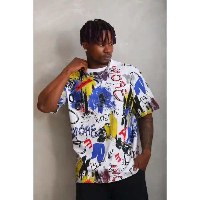 Unisex Oversize Baskılı Bisiklet Yaka T-Shirt - Beyaz