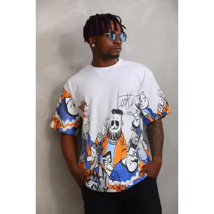 Unisex Oversize Baskılı Bisiklet Yaka T-Shirt - Beyaz