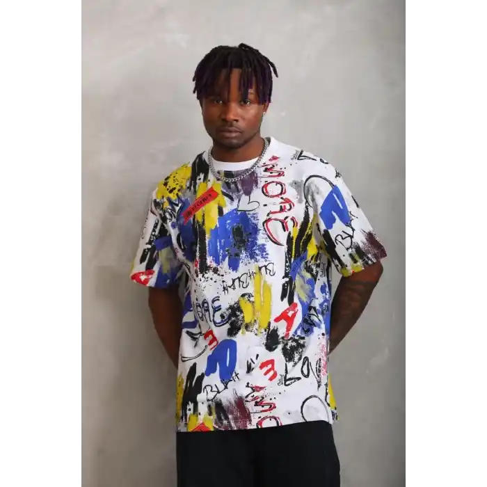 Unisex Oversize Baskılı Bisiklet Yaka T-Shirt - Beyaz