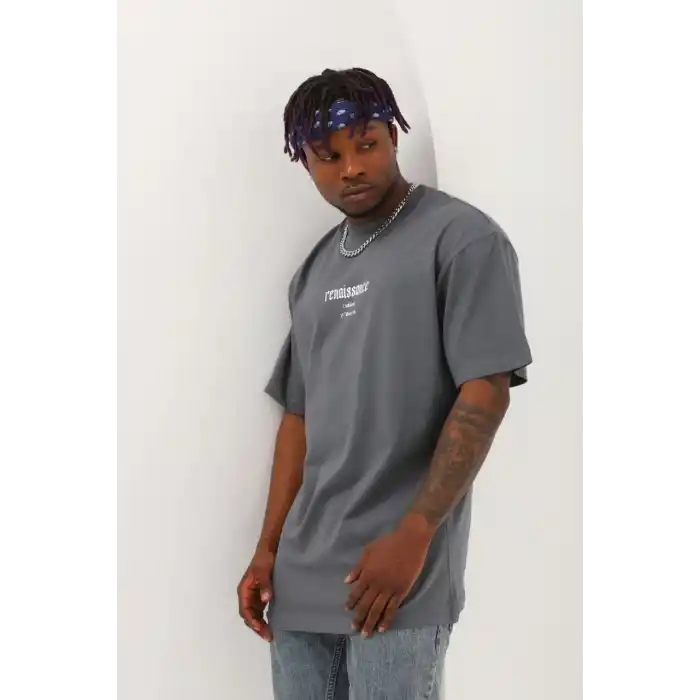 Unisex Oversize Baskılı Bisiklet Yaka T-Shirt - Füme