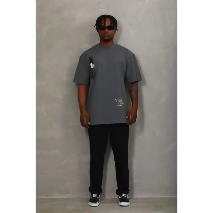 Unisex Oversize Baskılı Bisiklet Yaka T-Shirt - Füme