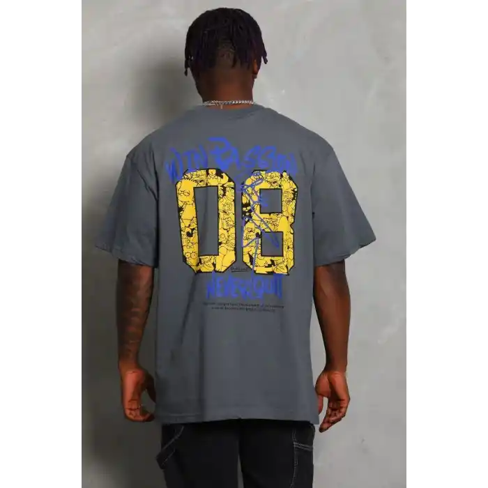 Unisex Oversize Baskılı Bisiklet Yaka T-Shirt - Füme