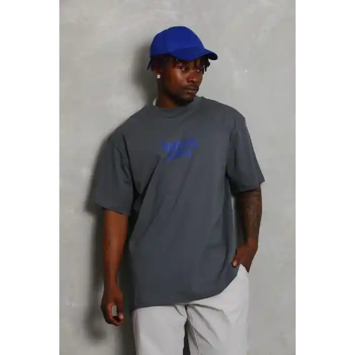 Unisex Oversize Baskılı Bisiklet Yaka T-Shirt - Füme