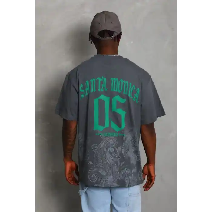 Unisex Oversize Baskılı Bisiklet Yaka T-Shirt - Füme