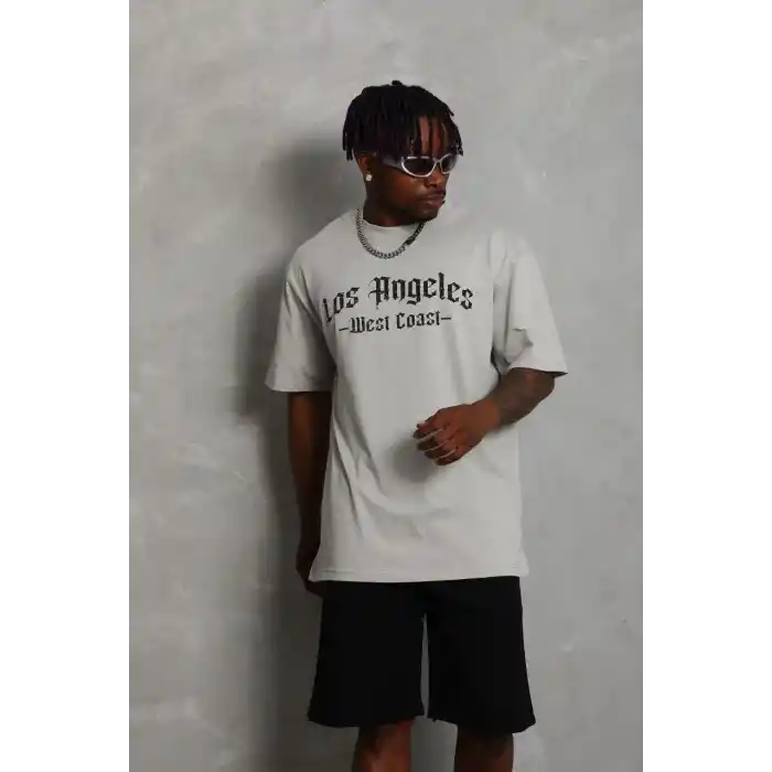 Unisex Oversize Baskılı Bisiklet Yaka T-Shirt - Gri